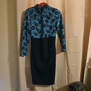 Blue and Black Sheath Dress with Cuffed Long Sleeves